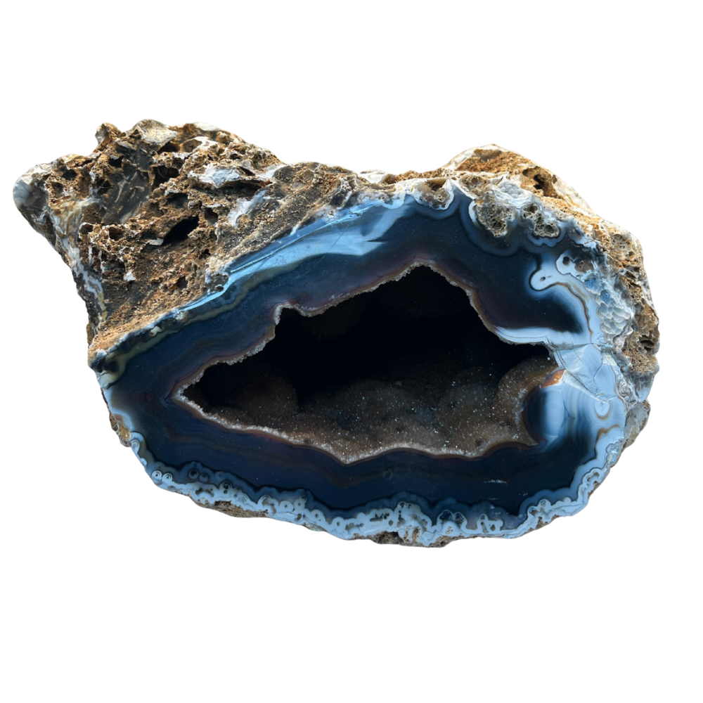 Géode d'agate bleu naturelle avec Druse de Quartz Hématoïde