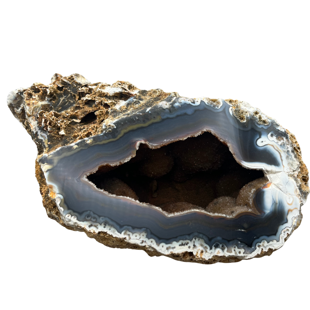 Géode d'agate bleu naturelle avec Druse de Quartz Hématoïde