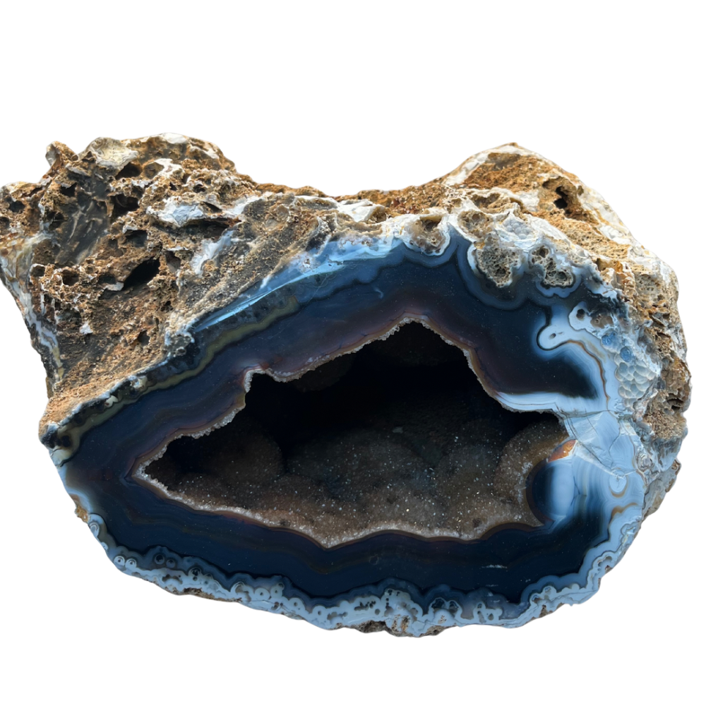 Géode d'agate bleu naturelle avec Druse de Quartz Hématoïde