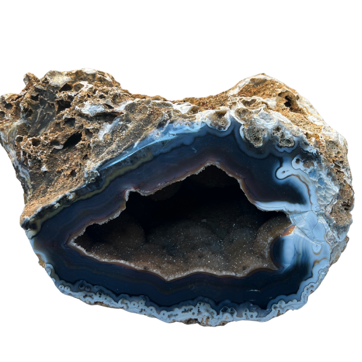 Géode d'agate bleu naturelle avec Druse de Quartz Hématoïde