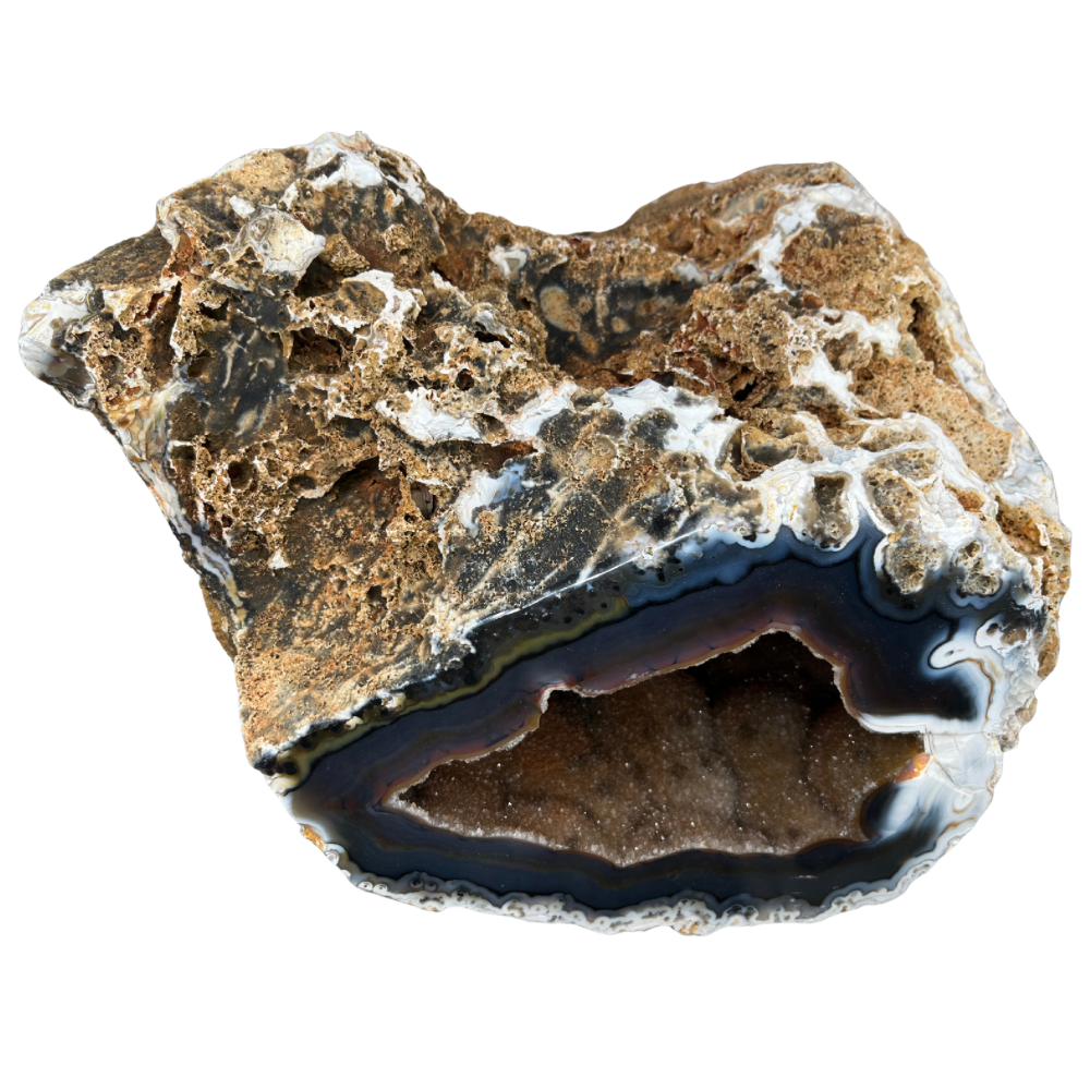 Géode d'agate bleu naturelle avec Druse de Quartz Hématoïde